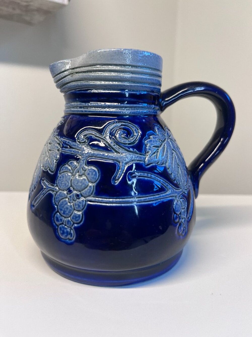Vintage French Alsace cobalt blue salt glazed stoneware pitcher
